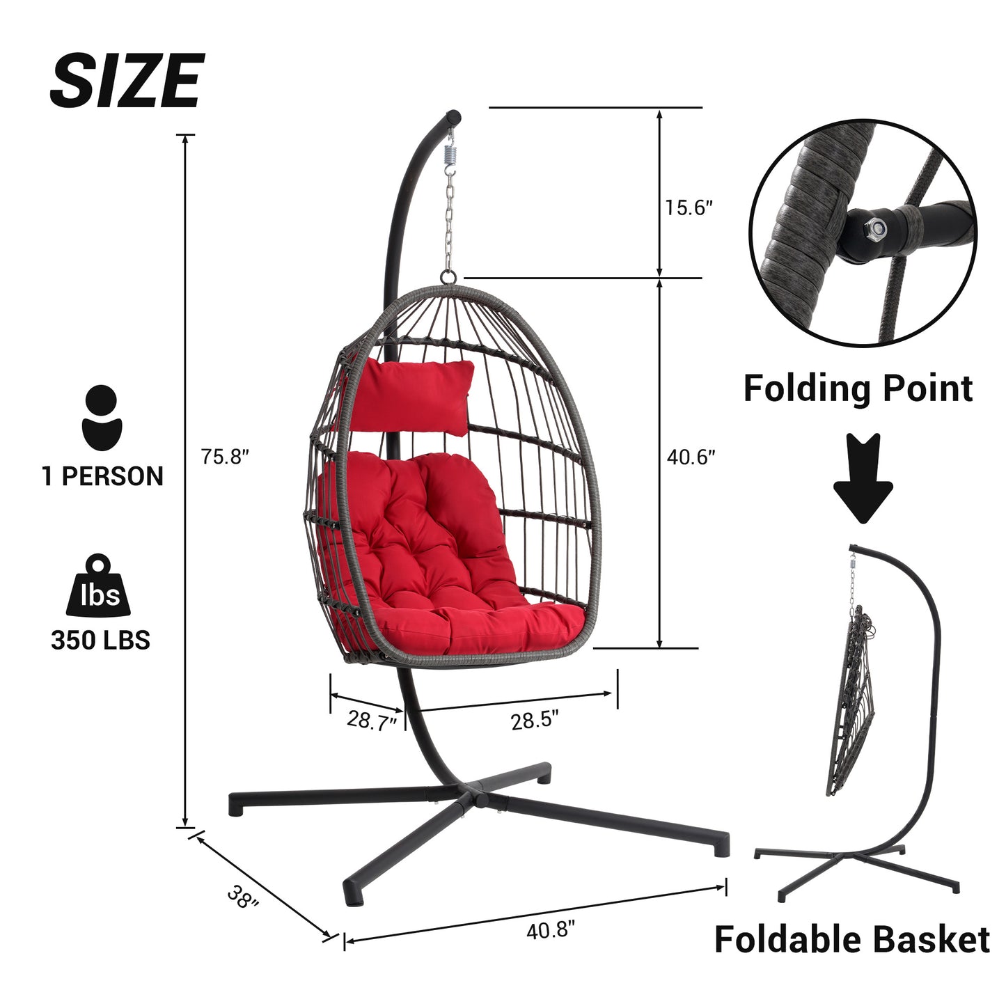 Melysen Outdoor Garden Rattan Egg Swing Chair Hanging Chair PE Chair Red Cushion