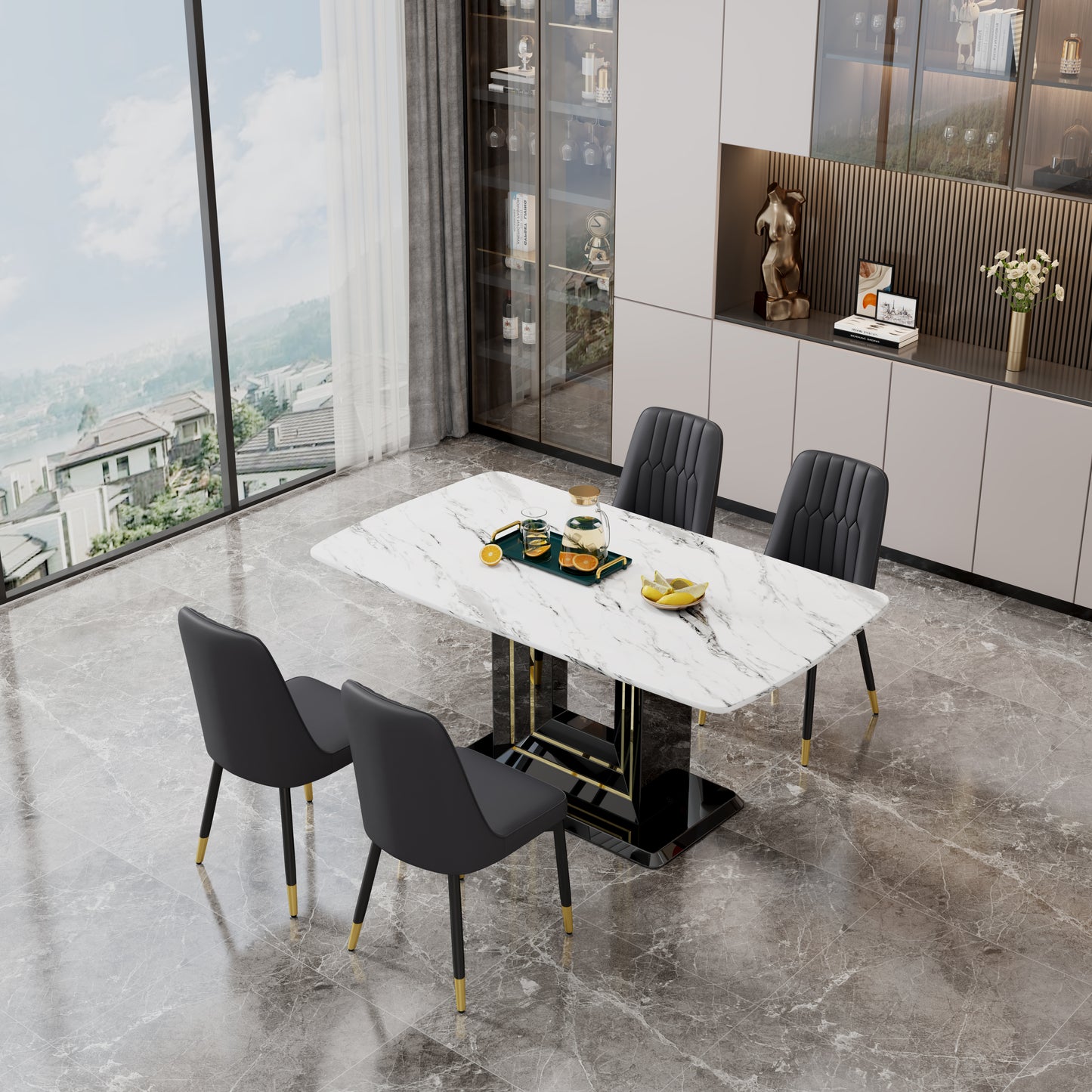 Melysen White Imitation Marble Pattern Desktop. Black Mdf Table Legs, Gold Lines, Black Base. 1 Table+4 Black Pu Chairs