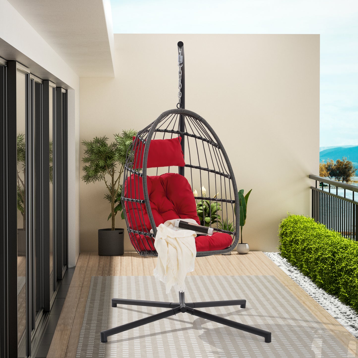 Melysen Outdoor Garden Rattan Egg Swing Chair Hanging Chair PE Chair Red Cushion