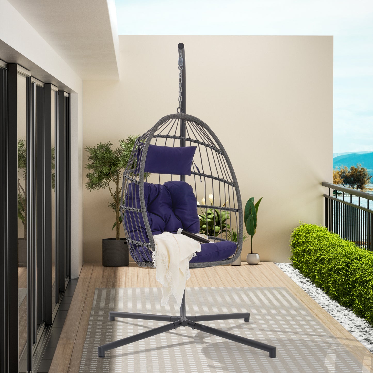 Melysen Outdoor Garden Rattan Egg Swing Chair Hanging Chair Dark Blue Cushion