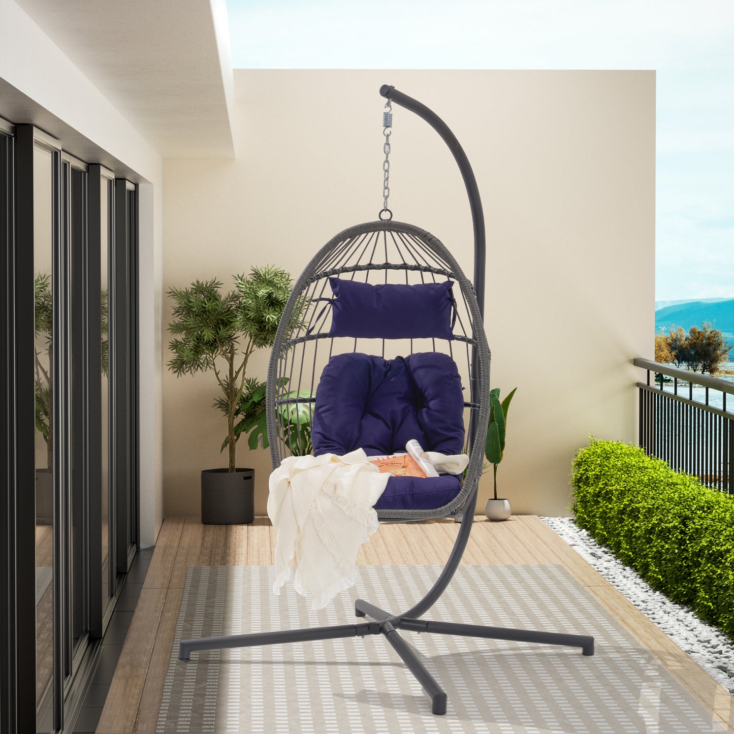 Melysen Outdoor Garden Rattan Egg Swing Chair Hanging Chair Dark Blue Cushion