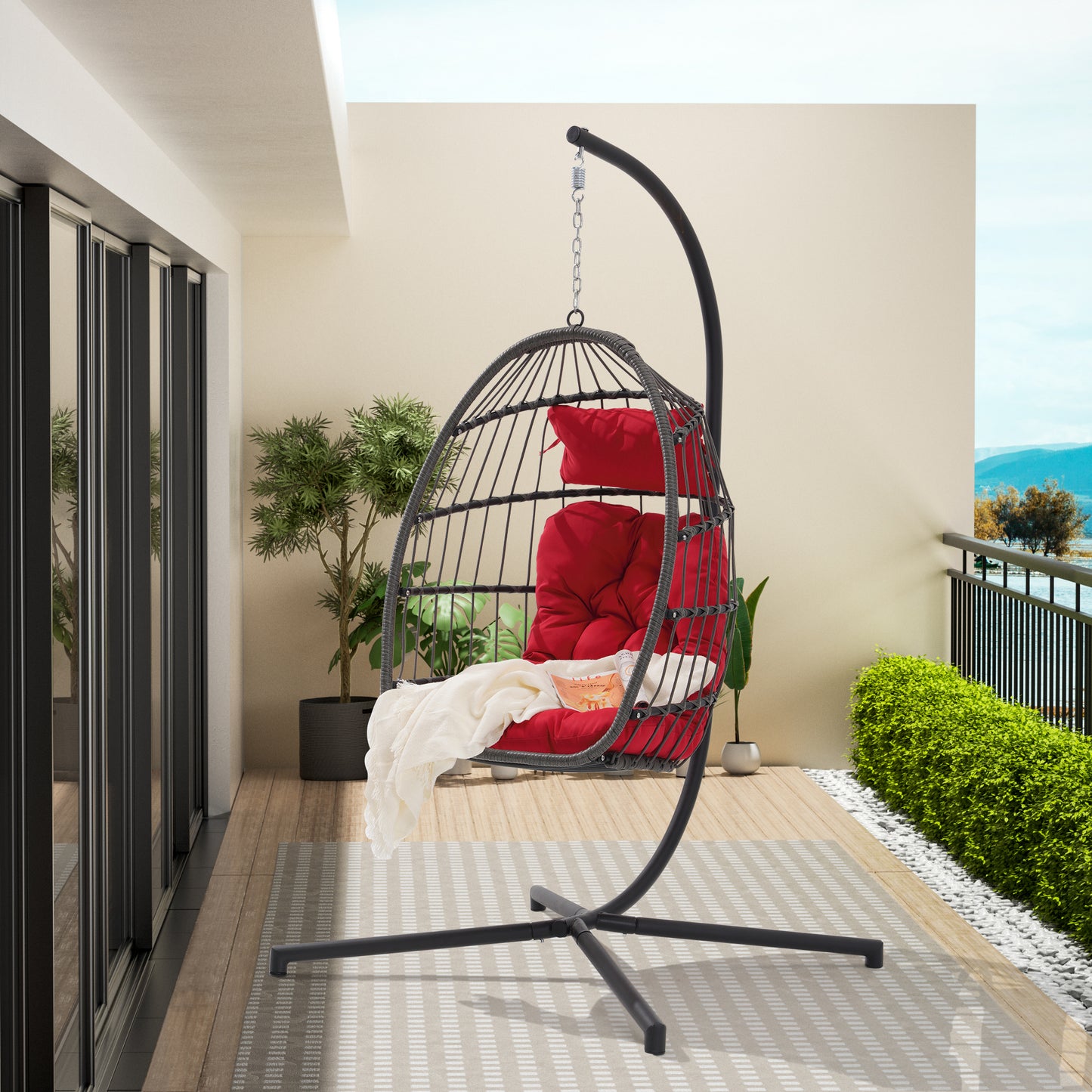 Melysen Outdoor Garden Rattan Egg Swing Chair Hanging Chair PE Chair Red Cushion