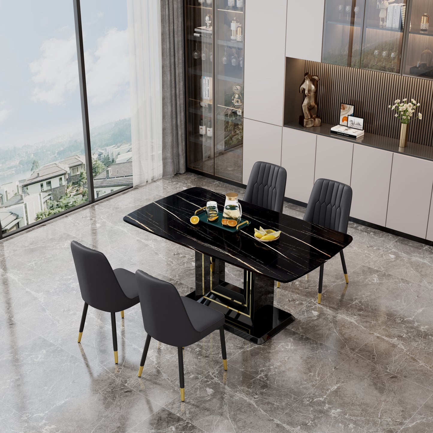 Melysen Black Imitation Marble Pattern Desktop and Black Gold Mdf Legs. Pair with 4 Black Pu Chairs