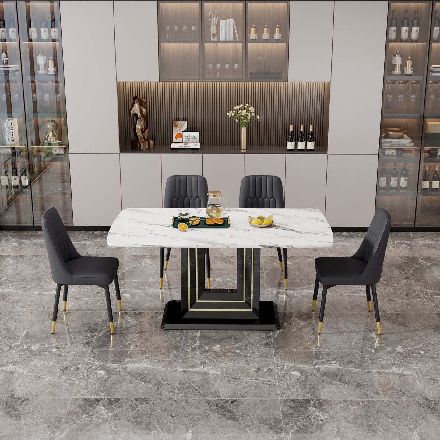 Melysen White Imitation Marble Pattern Desktop. Black Mdf Table Legs, Gold Lines, Black Base. 1 Table+4 Black Pu Chairs