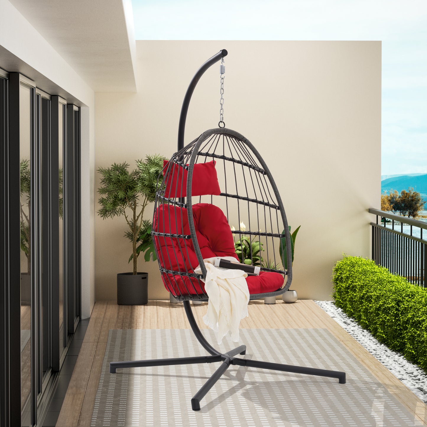 Melysen Outdoor Garden Rattan Egg Swing Chair Hanging Chair PE Chair Red Cushion