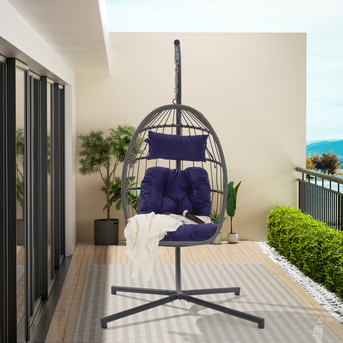 Melysen Outdoor Garden Rattan Egg Swing Chair Hanging Chair Dark Blue Cushion