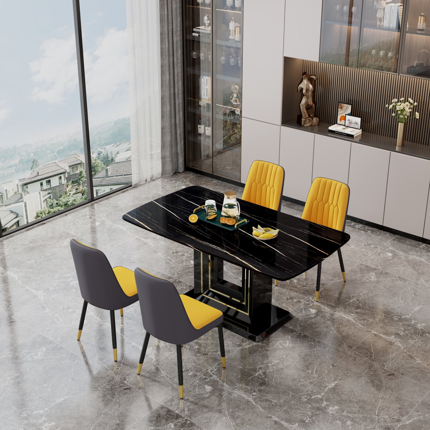 Melysen Table and Chair Set, 1 Table+4 Pu Chairs. Black Imitation Marble Pattern Desktop. Black Mdf Table Legs. Chair with Orange Dark Gray Dual Tone Pu Leather Backrest and Black Metal Legs