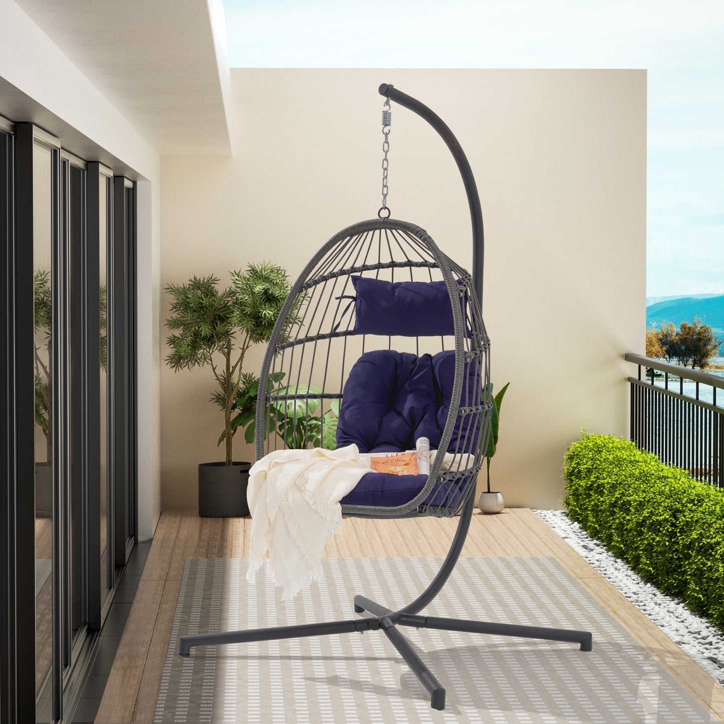 Melysen Outdoor Garden Rattan Egg Swing Chair Hanging Chair Dark Blue Cushion