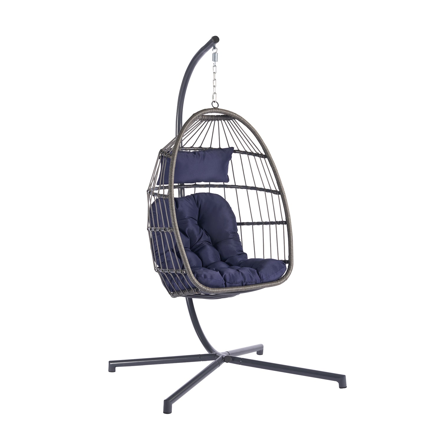 Melysen Outdoor Garden Rattan Egg Swing Chair Hanging Chair Dark Blue Cushion