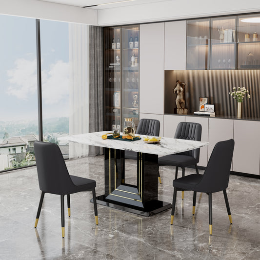 Melysen White Imitation Marble Pattern Desktop. Black Mdf Table Legs, Gold Lines, Black Base. 1 Table+4 Black Pu Chairs