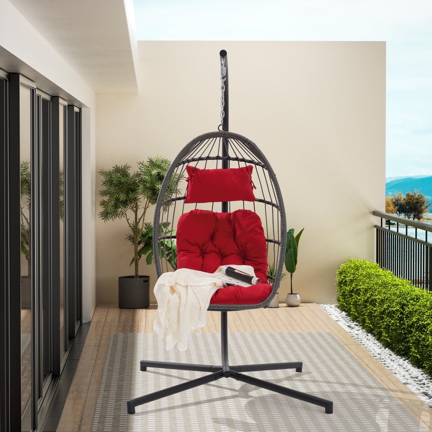 Melysen Outdoor Garden Rattan Egg Swing Chair Hanging Chair PE Chair Red Cushion