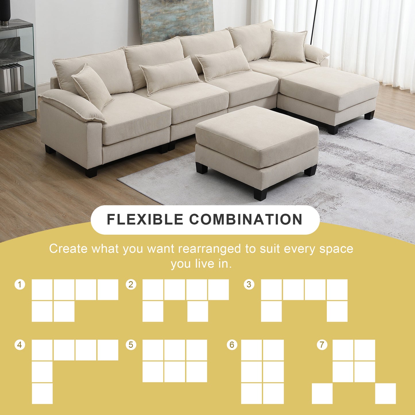 Melysen 133*65" Corduroy Modular Sectional Sofa ,U Shaped Couch with Armrest Bags ,6 Seat Freely Combinable Sofa Bed ,Beige