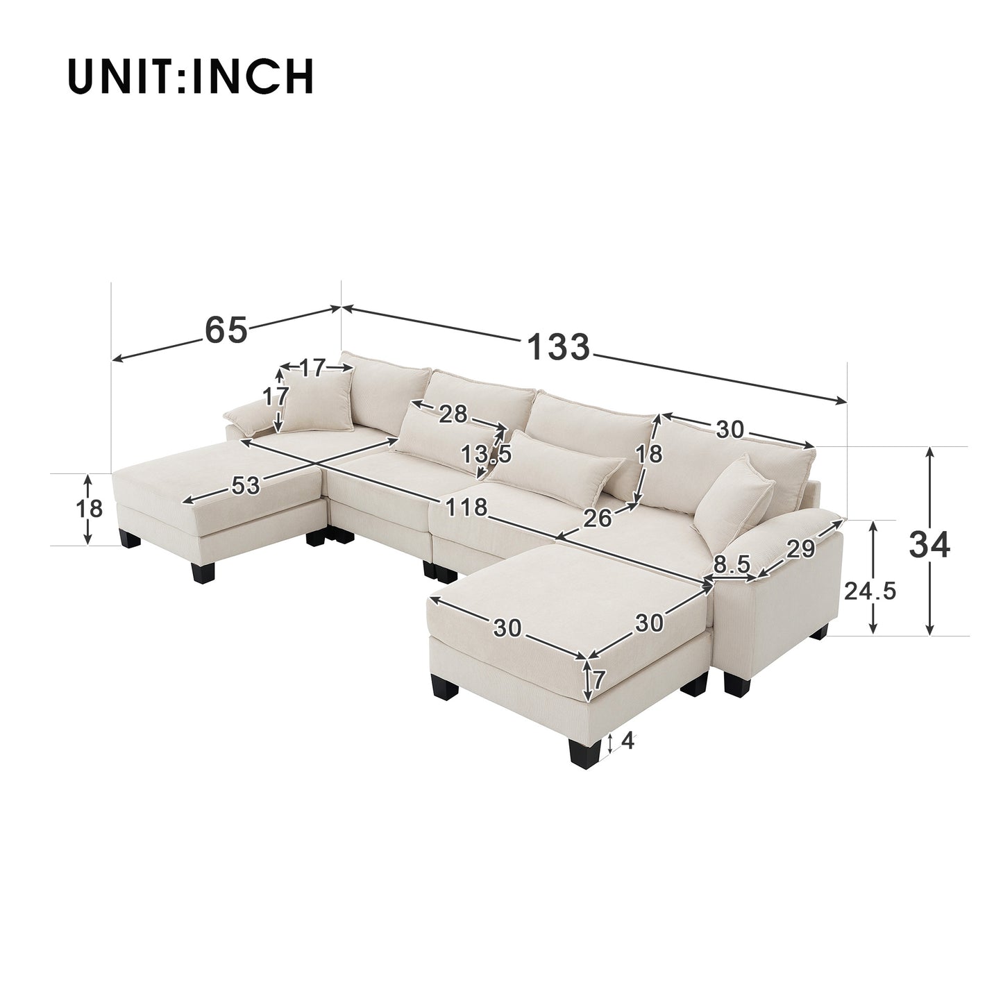 Melysen 133*65" Corduroy Modular Sectional Sofa ,U Shaped Couch with Armrest Bags ,6 Seat Freely Combinable Sofa Bed ,Beige