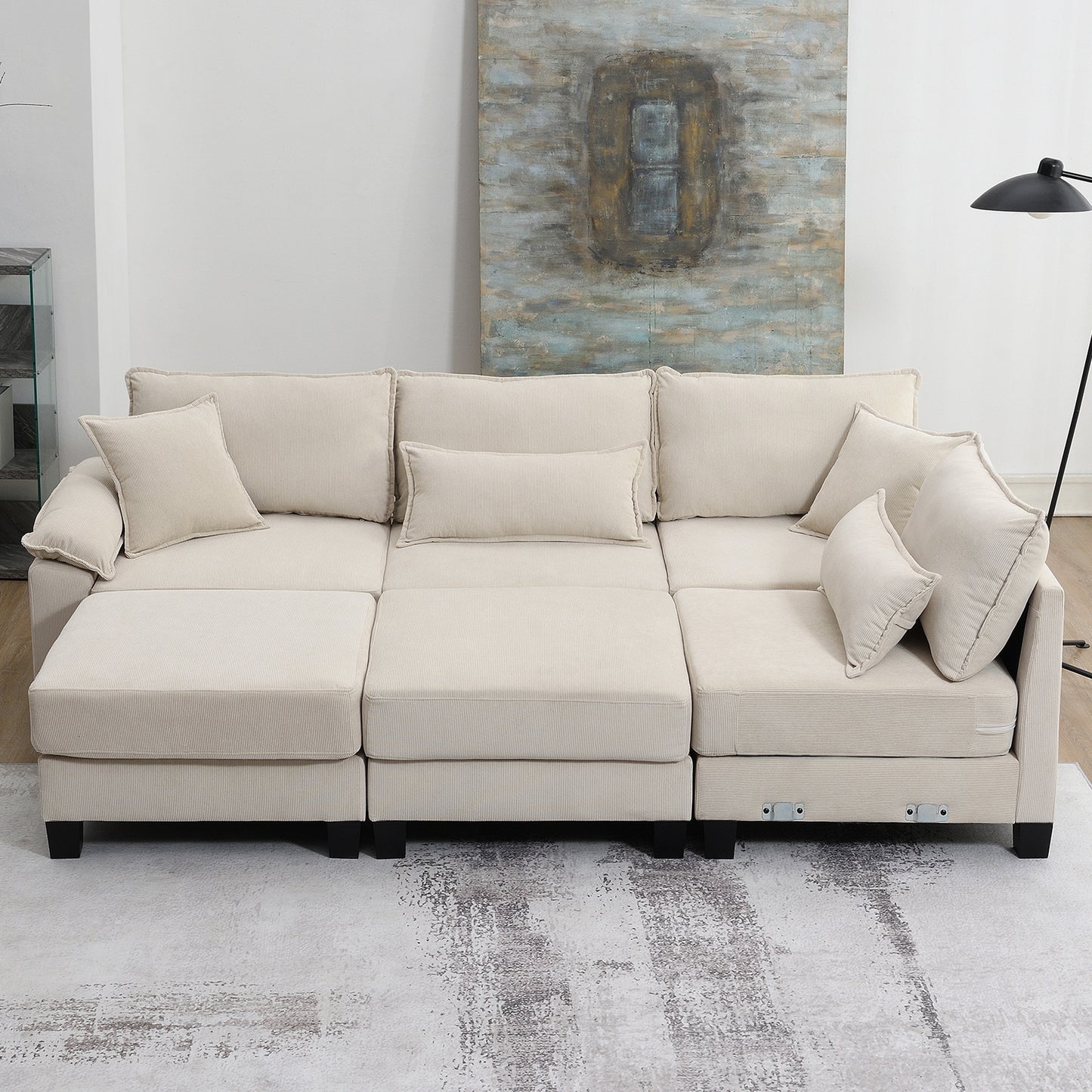 Melysen 133*65" Corduroy Modular Sectional Sofa ,U Shaped Couch with Armrest Bags ,6 Seat Freely Combinable Sofa Bed ,Beige