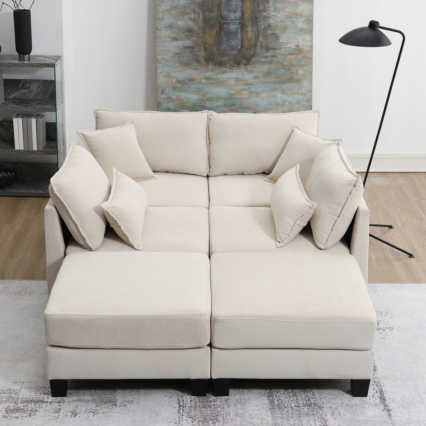 Melysen 133*65" Corduroy Modular Sectional Sofa ,U Shaped Couch with Armrest Bags ,6 Seat Freely Combinable Sofa Bed ,Beige