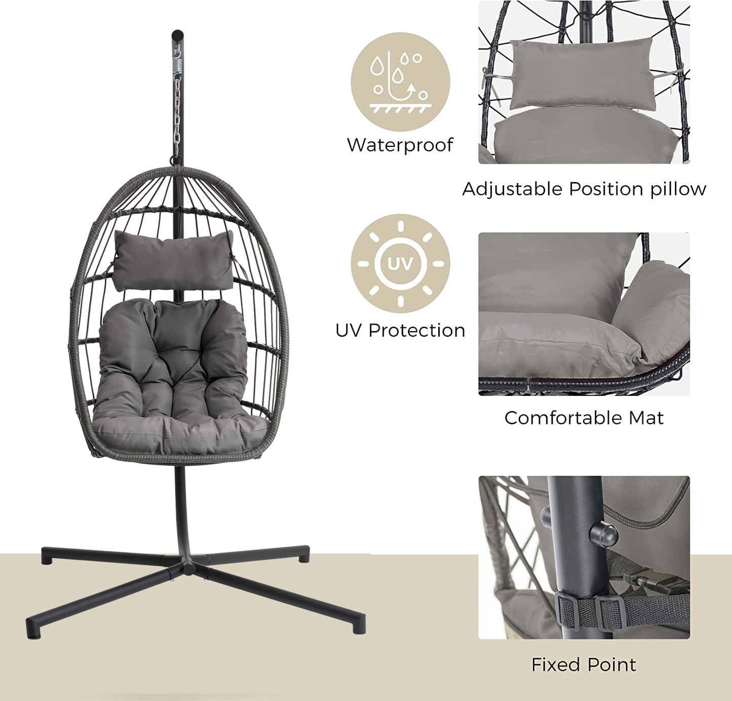 Melysen Outdoor Garden Rattan Egg Swing Chair Hanging Chair  Light Gray Cushion