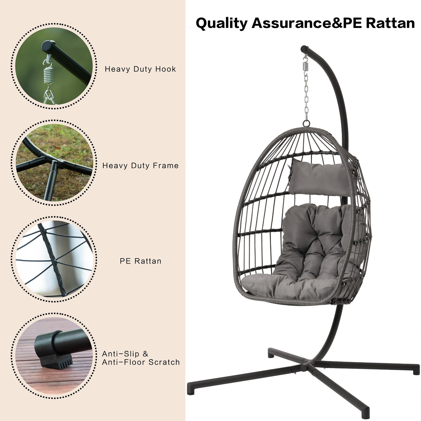 Melysen Outdoor Garden Rattan Egg Swing Chair Hanging Chair  Light Gray Cushion