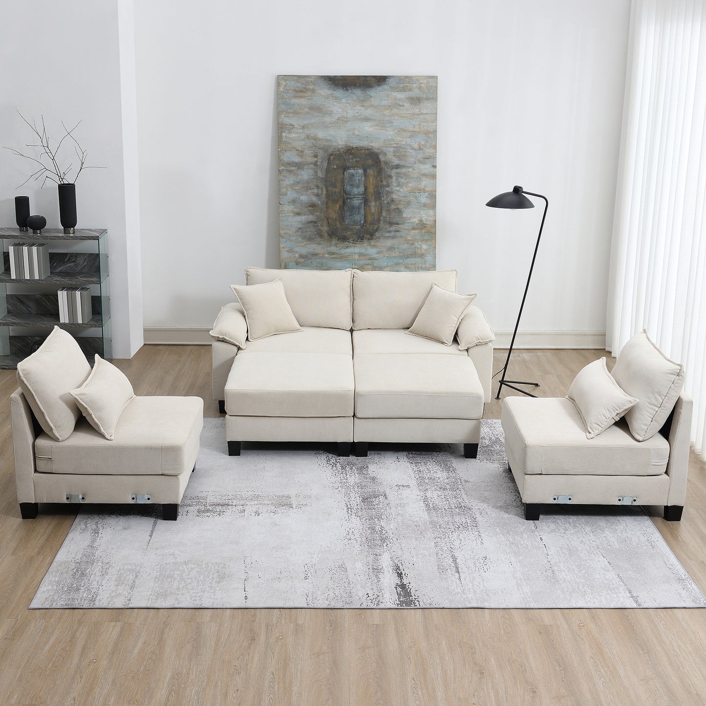 Melysen 133*65" Corduroy Modular Sectional Sofa ,U Shaped Couch with Armrest Bags ,6 Seat Freely Combinable Sofa Bed ,Beige