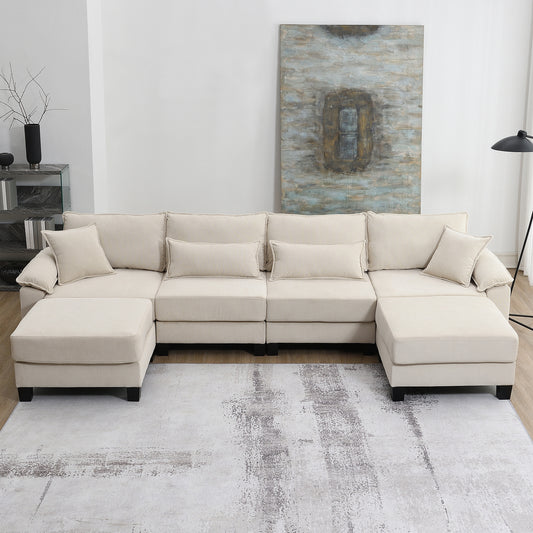 Melysen 133*65" Corduroy Modular Sectional Sofa ,U Shaped Couch with Armrest Bags ,6 Seat Freely Combinable Sofa Bed ,Beige