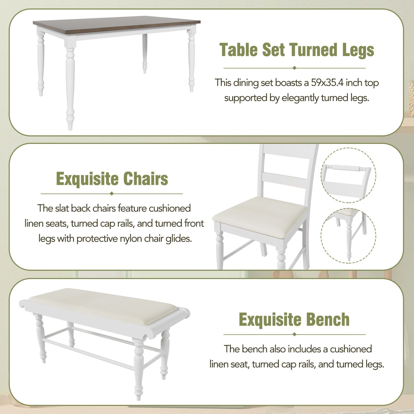 Melysen 6-peice Dining Set with Turned Legs, Kitchen Table Set with Upholstered Dining Chairs and Bench,Retro Style,White