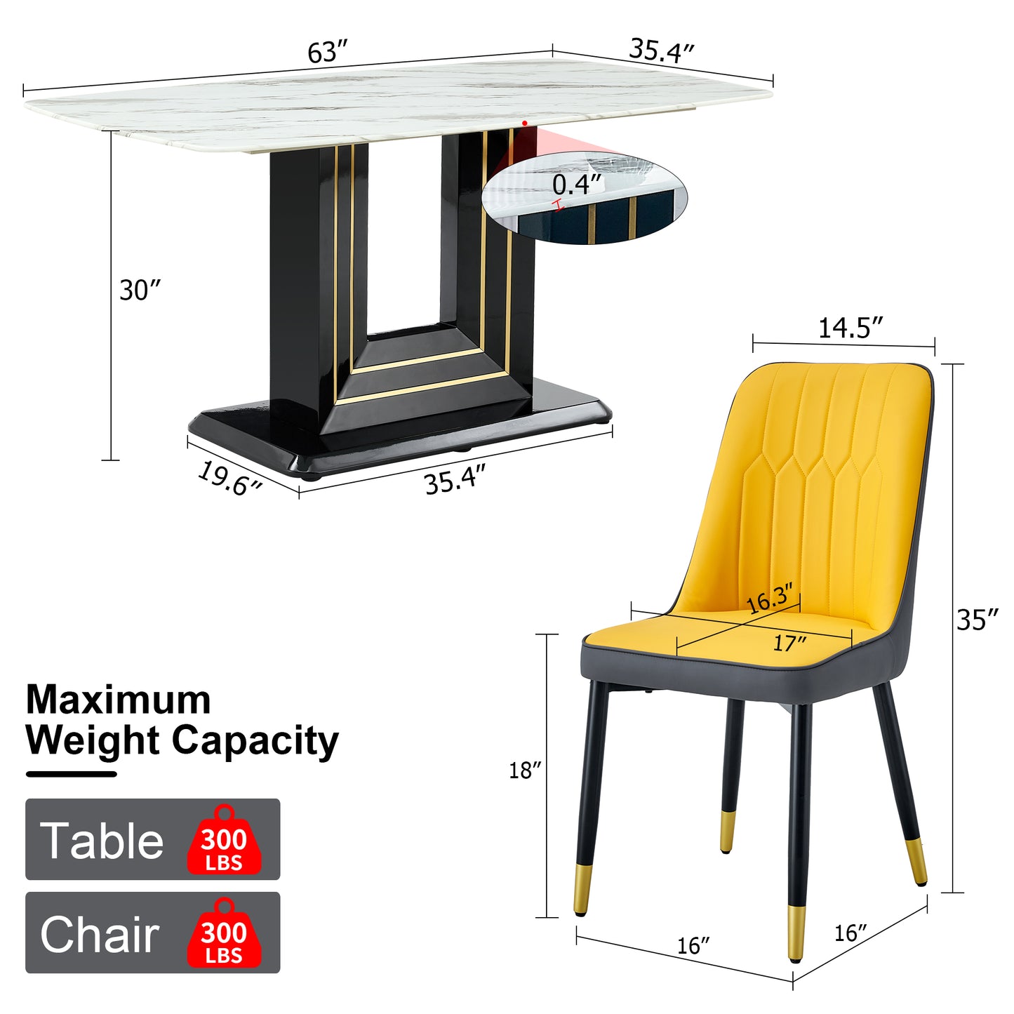 Melysen Table and Chair Set, 1 Table+6 Pu Chairs. White Imitation Marble Pattern Desktop. Black Mdf Table Legs. Chair with Orange Deep Gray Dual Tone Pu Leather Backrest and Black Metal Legs