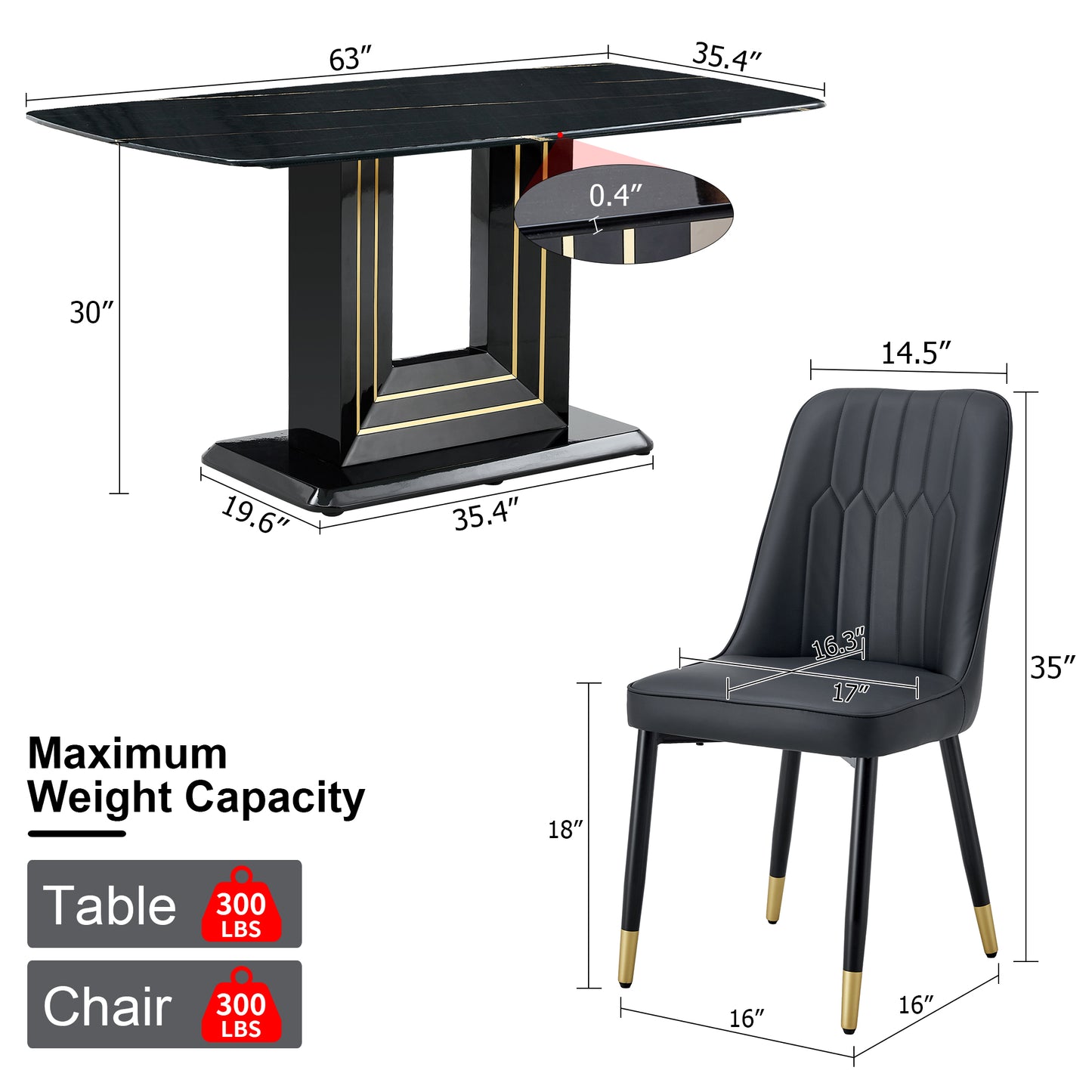 Melysen Black Imitation Marble Pattern Desktop and Black Gold Mdf Legs. Pair with 4 Black Pu Chairs