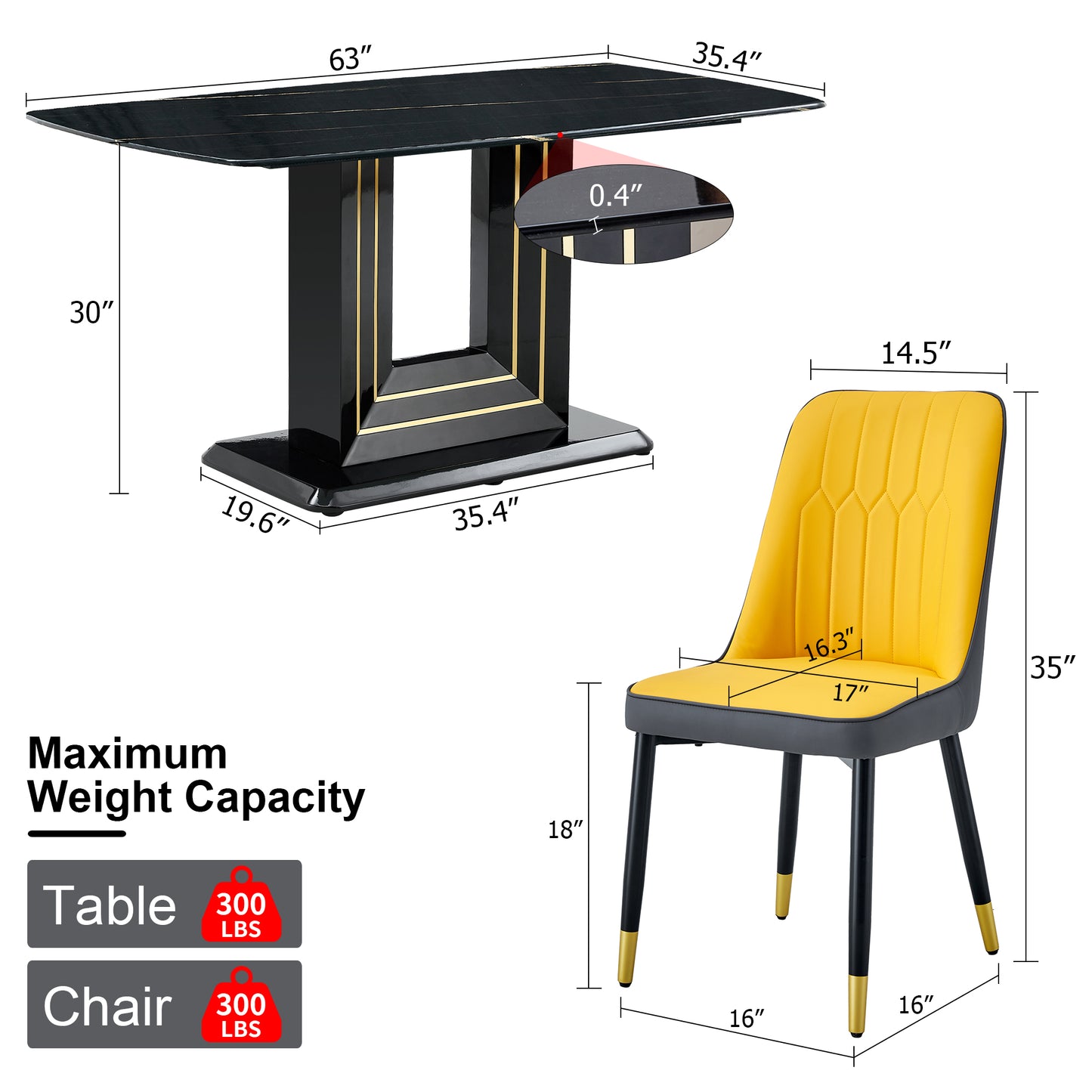 Melysen Table and Chair Set, 1 Table+4 Pu Chairs. Black Imitation Marble Pattern Desktop. Black Mdf Table Legs. Chair with Orange Dark Gray Dual Tone Pu Leather Backrest and Black Metal Legs