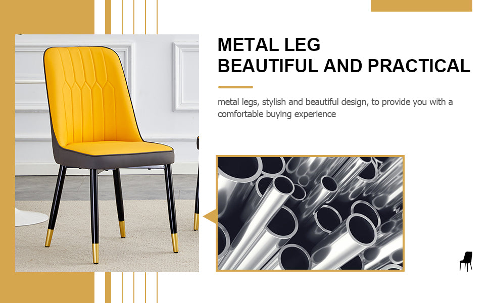 Melysen Patterned Sintered Stone Tabletop with Black Metal Legs. Orange-Yellow and Gray Dual Color Pu Backrest Cushion and Black Metal Leg Chair.1 Table+4 Chair