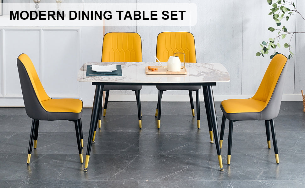 Melysen Patterned Sintered Stone Tabletop with Black Metal Legs. Orange-Yellow and Gray Dual Color Pu Backrest Cushion and Black Metal Leg Chair.1 Table+4 Chair