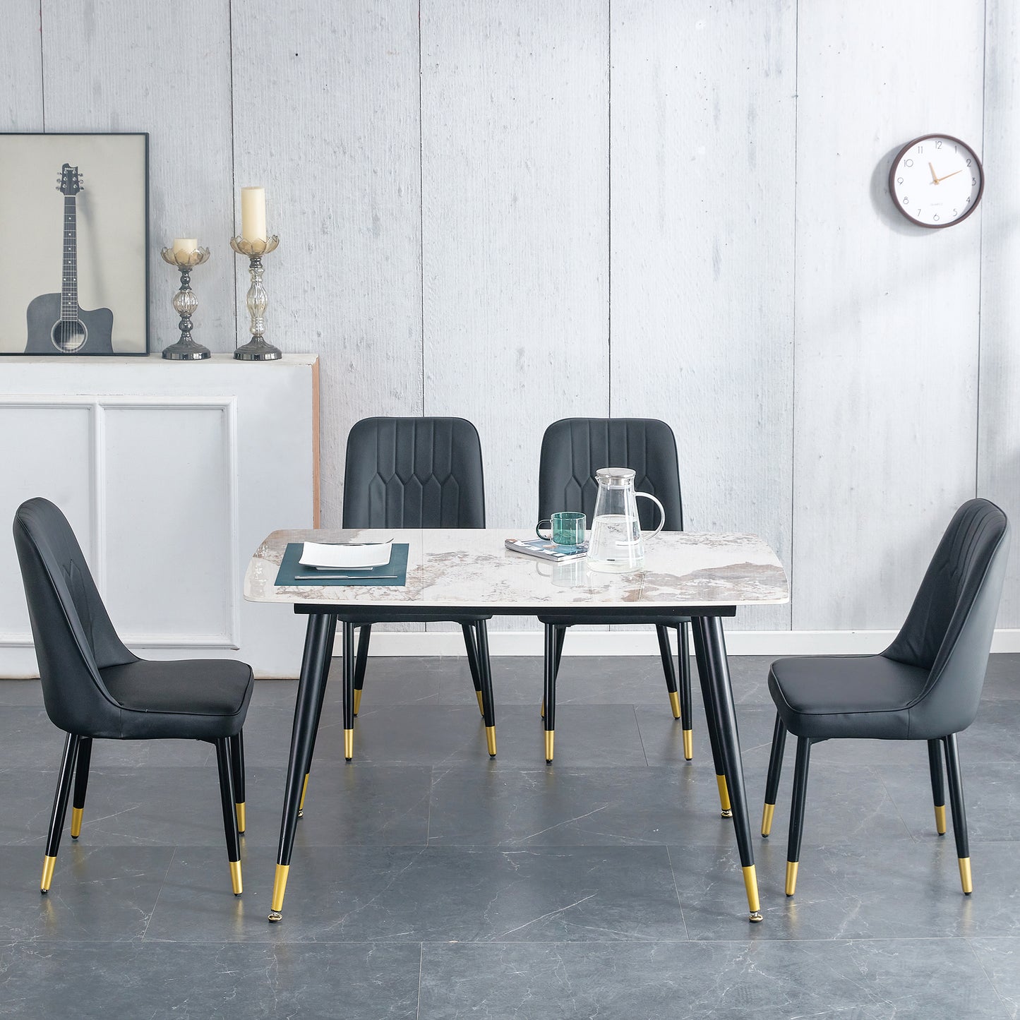 Melysen Patterned Stone Burning Tabletop with Black Metal Legs. The Chair with Black Pu Artificial Leather Backrest Cushion and Black Metal Legs. 1 Table+4 Chairs