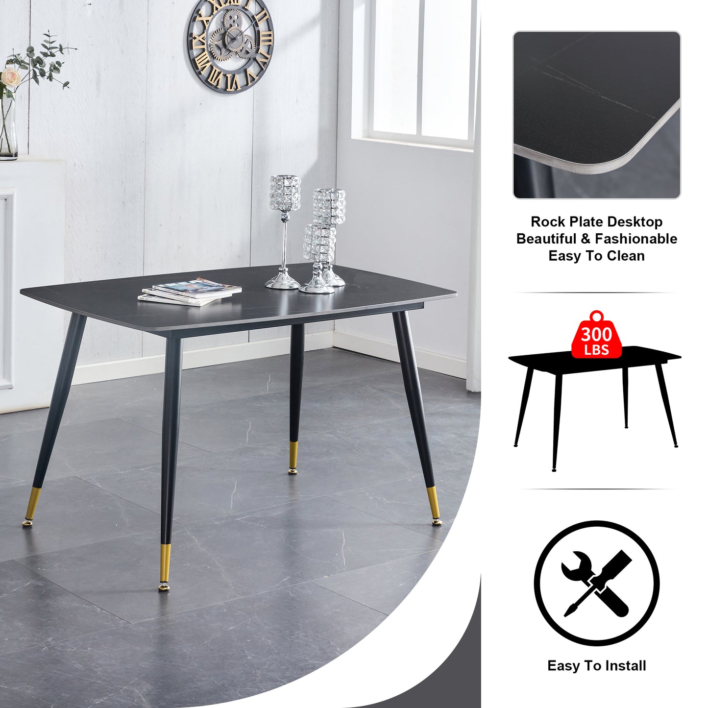 Melysen Black Sintered Stone Tabletop with Black Metal Legs.Black Pu Leather Backrest and Black Metal Leg Chair. 1 Table+4 Chairs