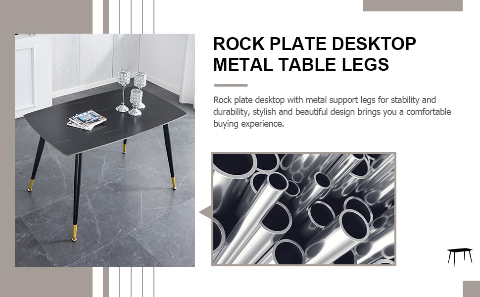 Melysen Black Sintered Stone Tabletop with Black Metal Legs.Black Pu Leather Backrest and Black Metal Leg Chair. 1 Table+4 Chairs