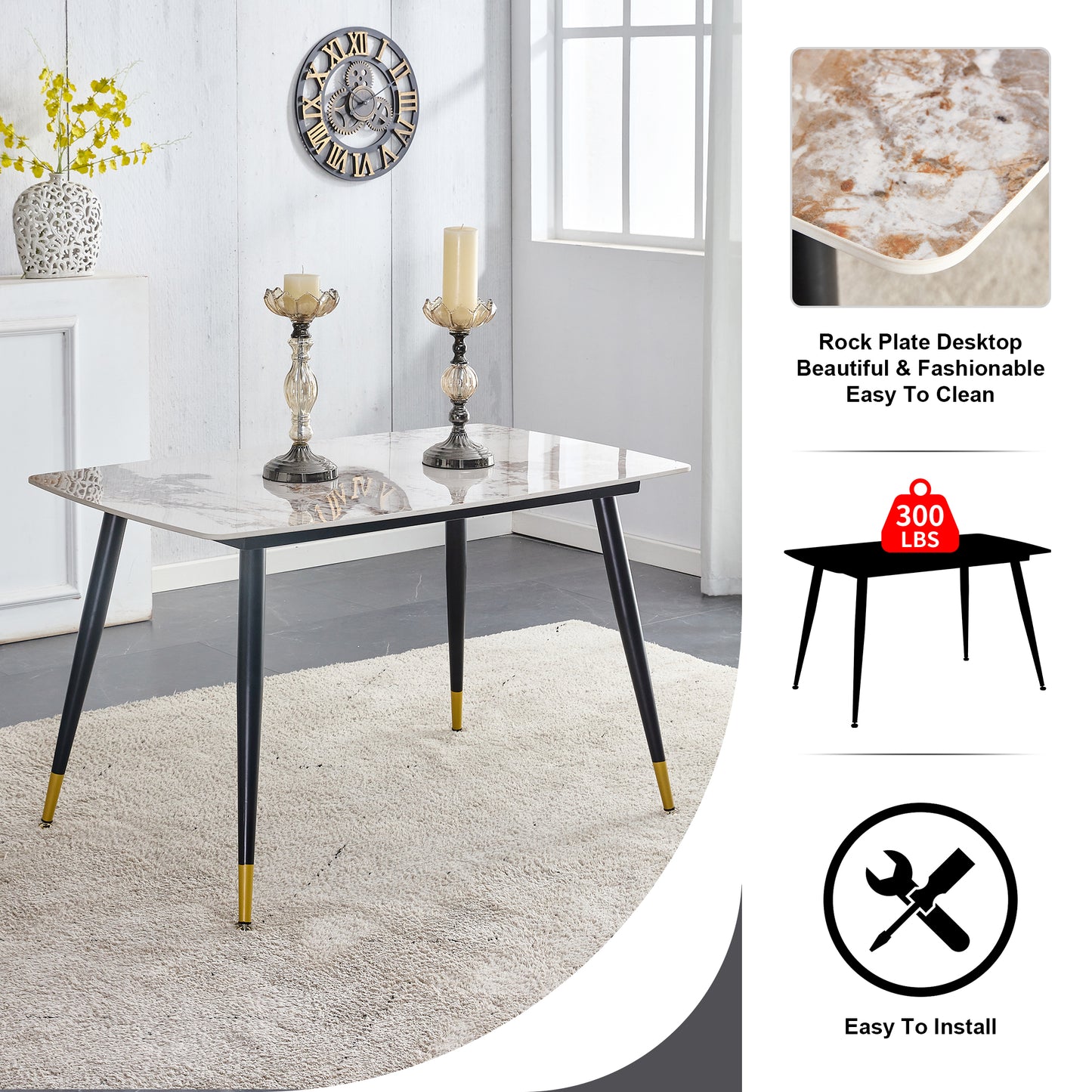 Melysen Patterned Sintered Stone Tabletop with Black Metal Legs. Orange-Yellow and Gray Dual Color Pu Backrest Cushion and Black Metal Leg Chair.1 Table+4 Chair