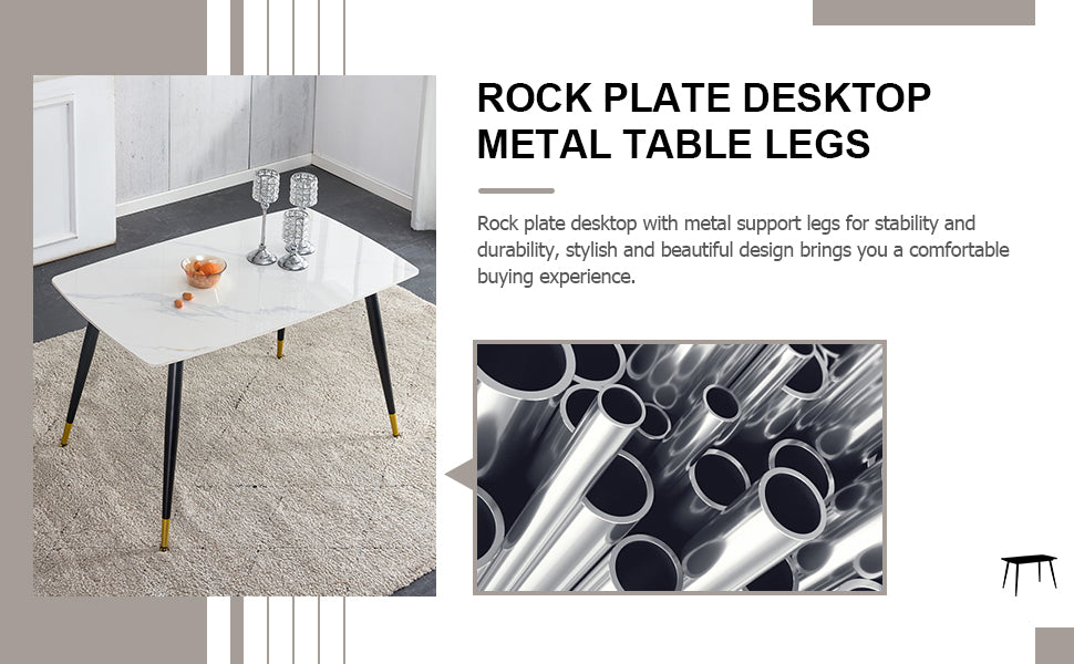 Melysen White Imitation Marble Patterned Burnt Stone Tabletop with Black Metal Legs. Orange Deep Gray Dual Tone Pu Leather Backrest and Black Metal Leg Chair. 1 Table+4 Chairs