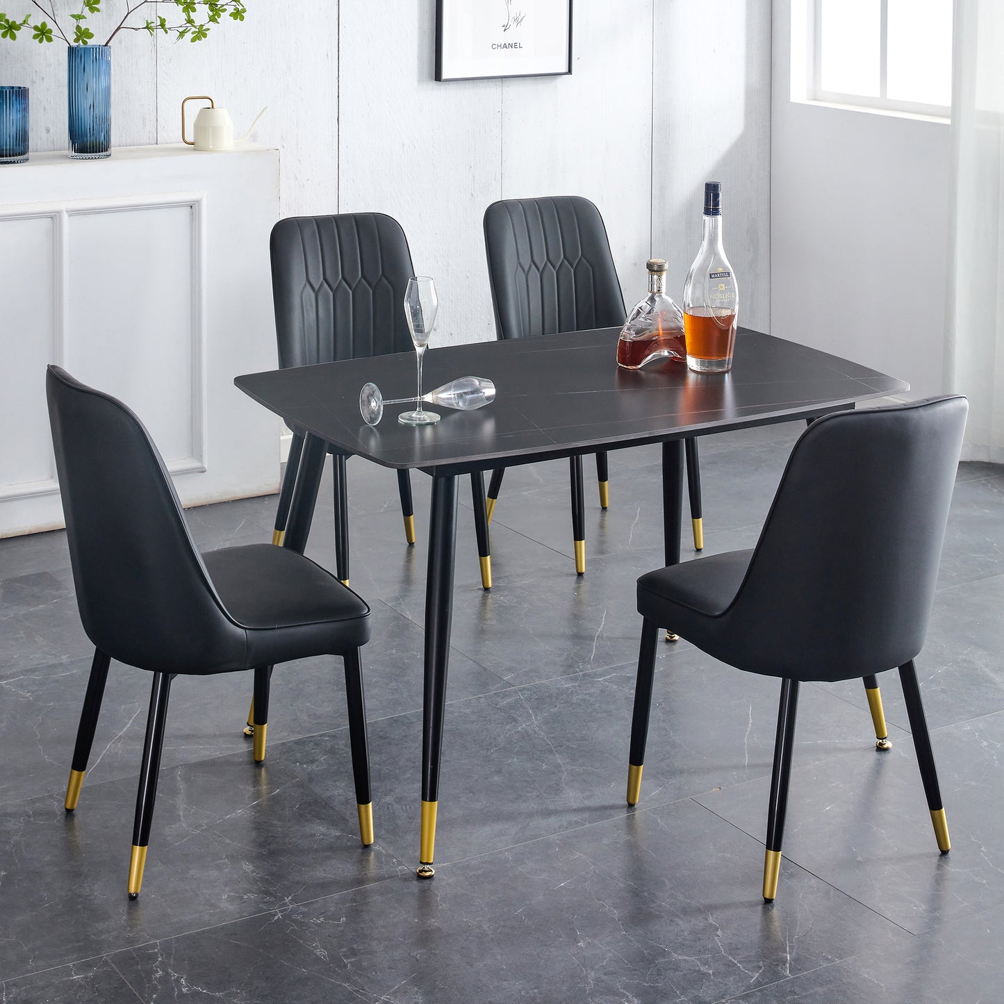 Melysen Black Sintered Stone Tabletop with Black Metal Legs.Black Pu Leather Backrest and Black Metal Leg Chair. 1 Table+4 Chairs