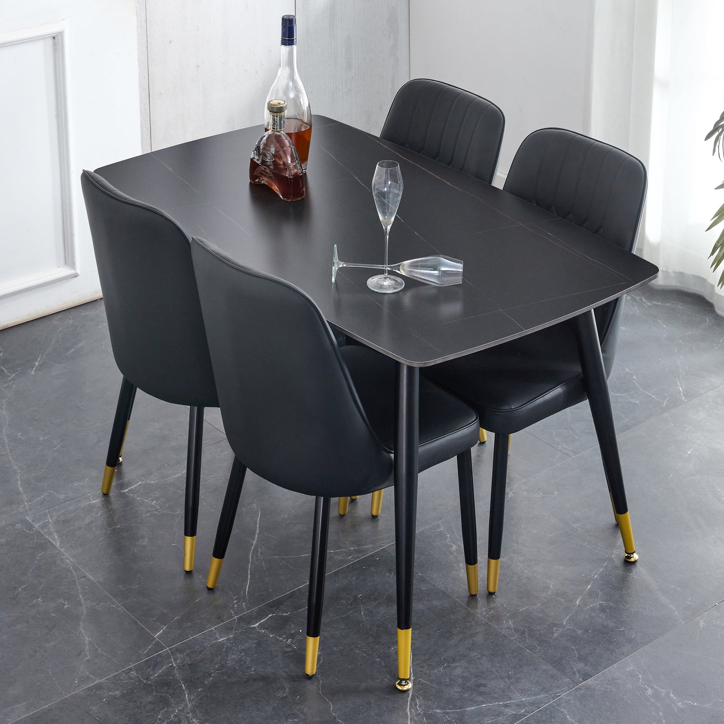 Melysen Black Sintered Stone Tabletop with Black Metal Legs.Black Pu Leather Backrest and Black Metal Leg Chair. 1 Table+4 Chairs