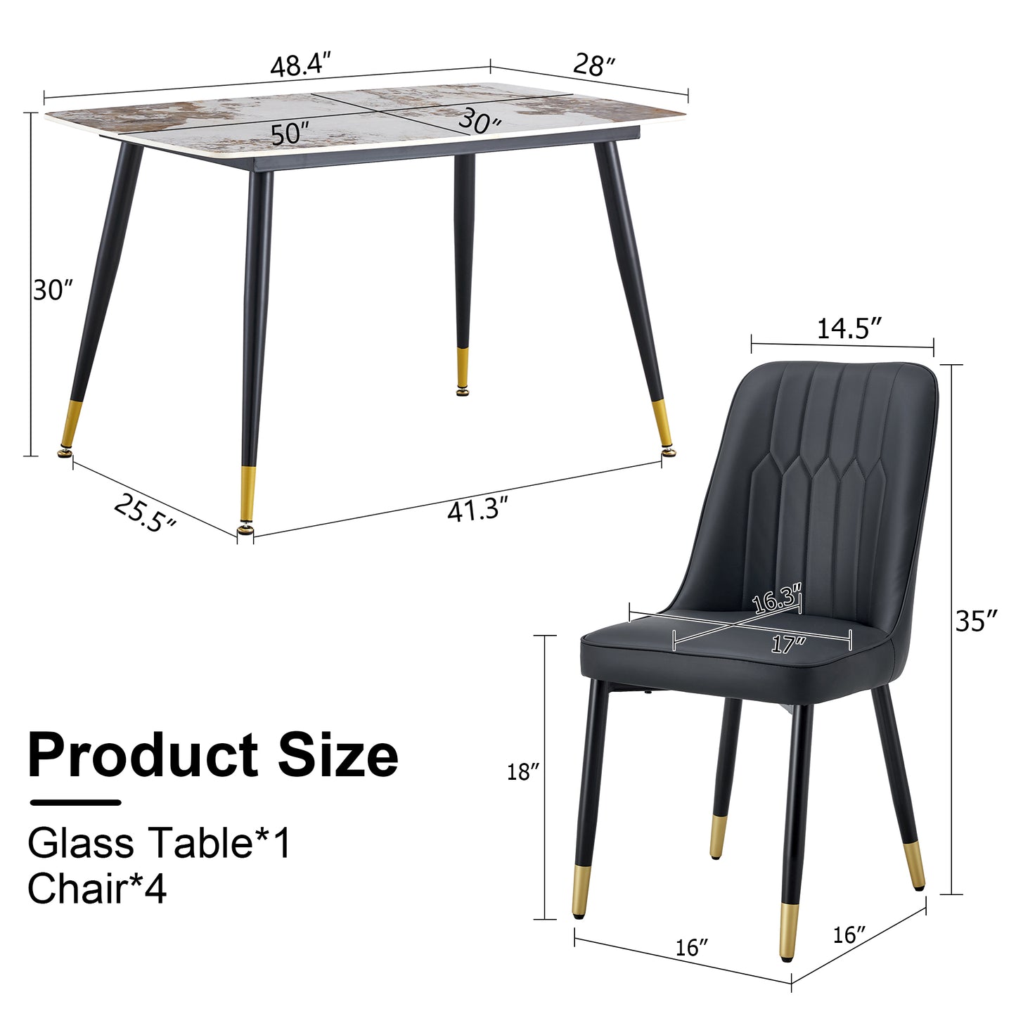 Melysen Patterned Stone Burning Tabletop with Black Metal Legs. The Chair with Black Pu Artificial Leather Backrest Cushion and Black Metal Legs. 1 Table+4 Chairs