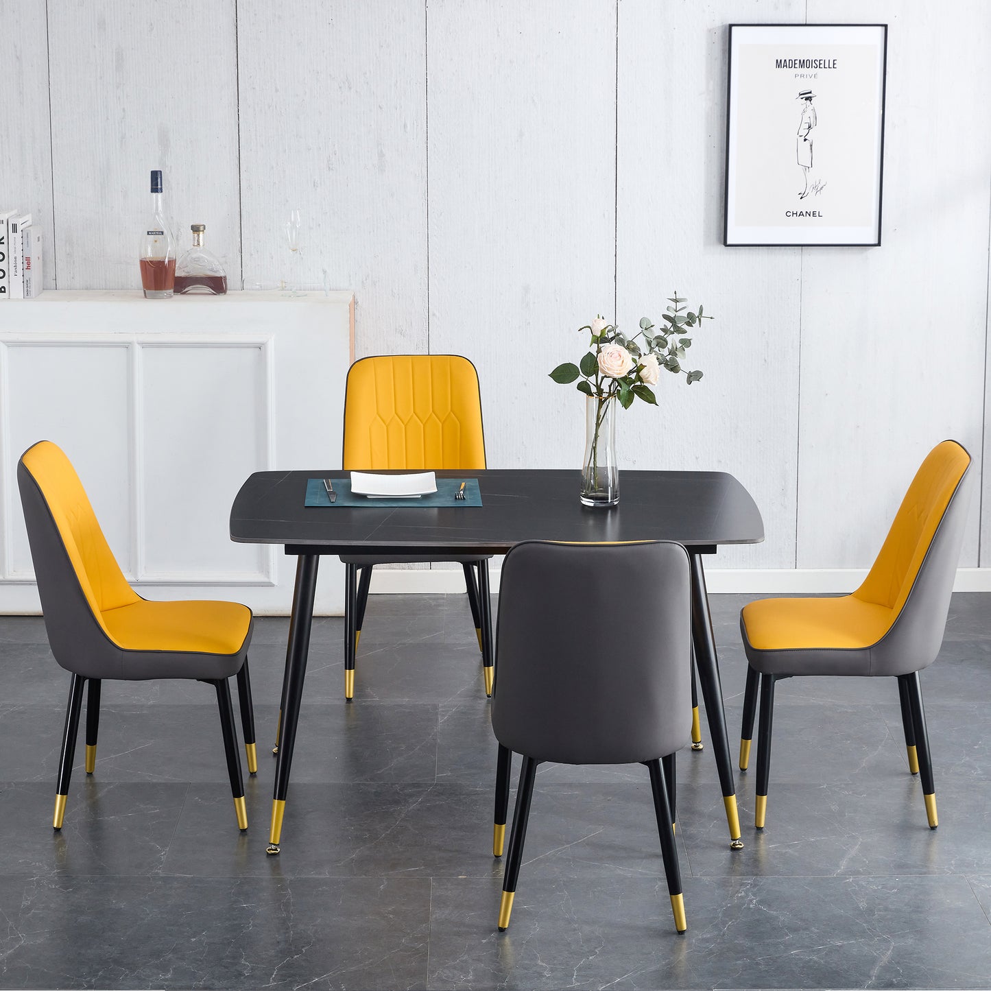 Melysen Table and Chair Set. Black Sintered Stone Tabletop with Black Metal Legs. Orange Deep Gray Dual Tone Pu Leather Backrest and Black Metal Leg Chair. 1 Table+4 Chairs