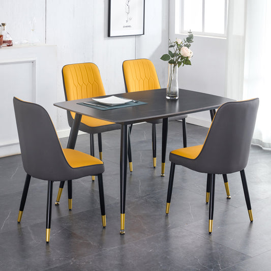 Melysen Table and Chair Set. Black Sintered Stone Tabletop with Black Metal Legs. Orange Deep Gray Dual Tone Pu Leather Backrest and Black Metal Leg Chair. 1 Table+4 Chairs