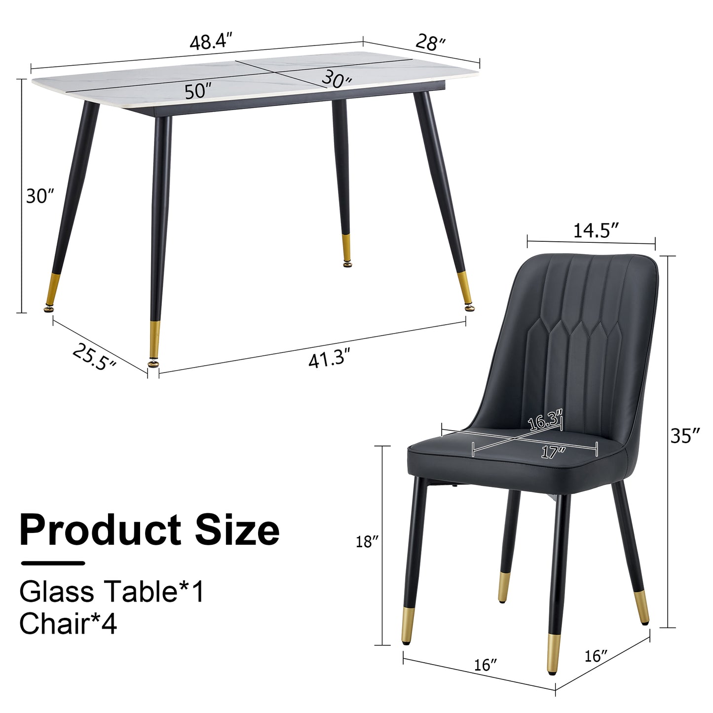 Melysen White Imitation Marble Stone Tabletop with Black Metal Legs. Black Pu Leather Backrest and Black Metal Leg Chair. 1 Table+4 Chairs