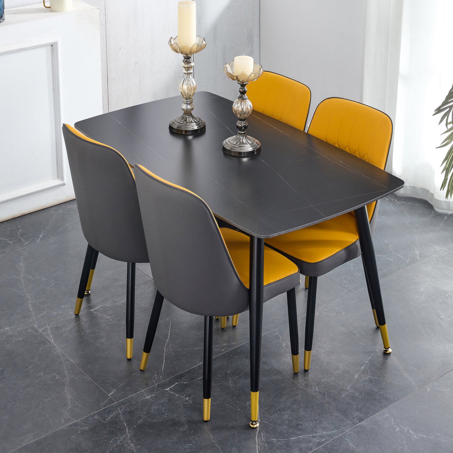 Melysen Table and Chair Set. Black Sintered Stone Tabletop with Black Metal Legs. Orange Deep Gray Dual Tone Pu Leather Backrest and Black Metal Leg Chair. 1 Table+4 Chairs