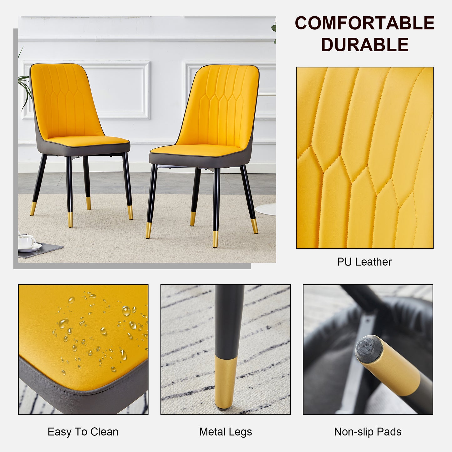 Melysen Patterned Sintered Stone Tabletop with Black Metal Legs. Orange-Yellow and Gray Dual Color Pu Backrest Cushion and Black Metal Leg Chair.1 Table+4 Chair