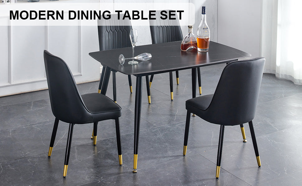 Melysen Black Sintered Stone Tabletop with Black Metal Legs.Black Pu Leather Backrest and Black Metal Leg Chair. 1 Table+4 Chairs