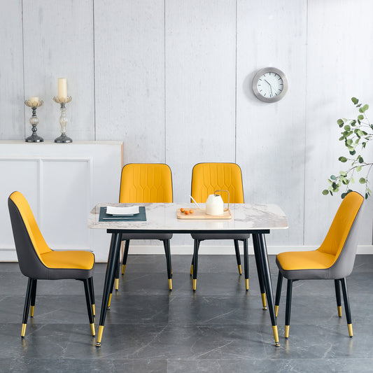 Melysen Patterned Sintered Stone Tabletop with Black Metal Legs. Orange-Yellow and Gray Dual Color Pu Backrest Cushion and Black Metal Leg Chair.1 Table+4 Chair