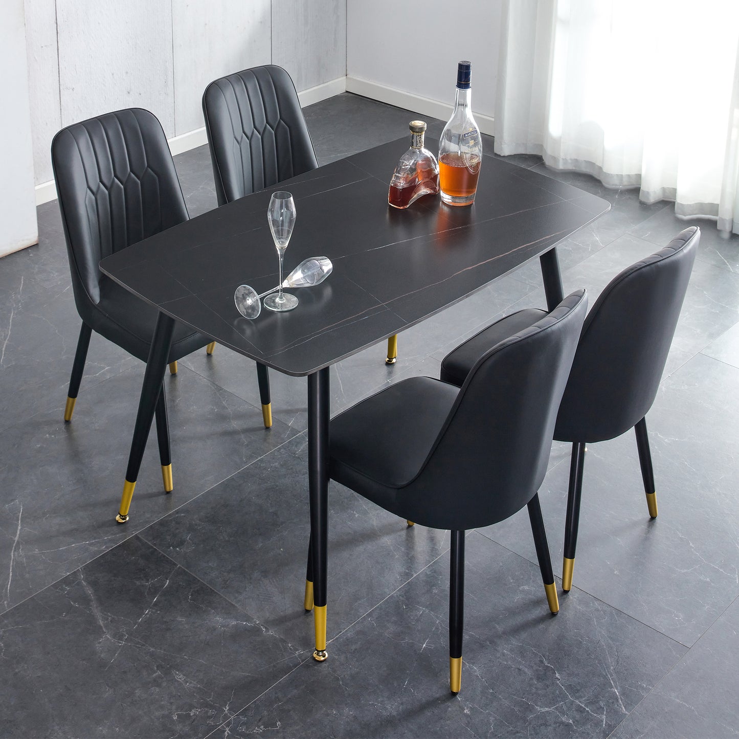 Melysen Black Sintered Stone Tabletop with Black Metal Legs.Black Pu Leather Backrest and Black Metal Leg Chair. 1 Table+4 Chairs