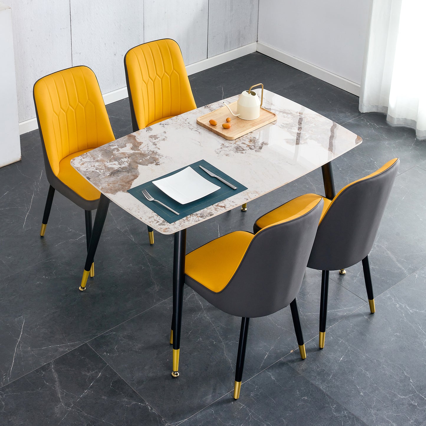 Melysen Patterned Sintered Stone Tabletop with Black Metal Legs. Orange-Yellow and Gray Dual Color Pu Backrest Cushion and Black Metal Leg Chair.1 Table+4 Chair