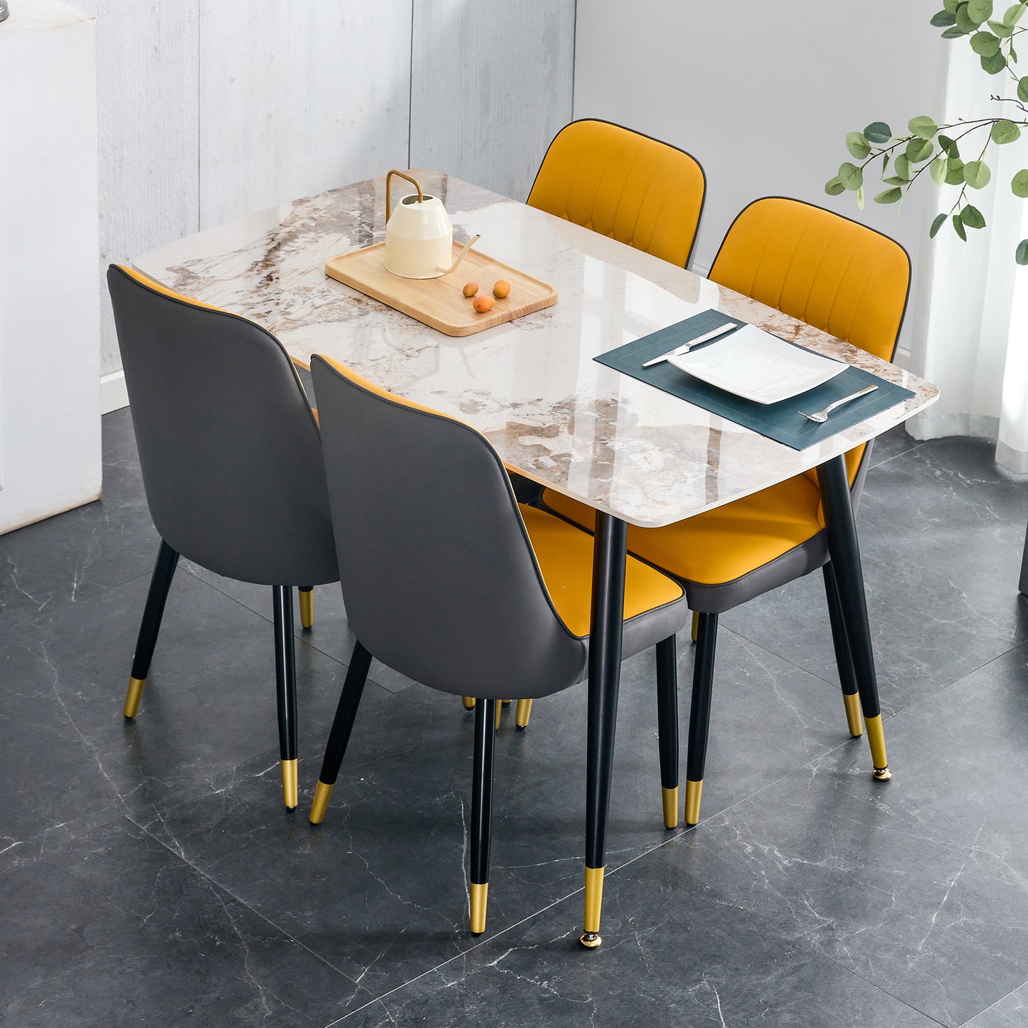 Melysen Patterned Sintered Stone Tabletop with Black Metal Legs. Orange-Yellow and Gray Dual Color Pu Backrest Cushion and Black Metal Leg Chair.1 Table+4 Chair