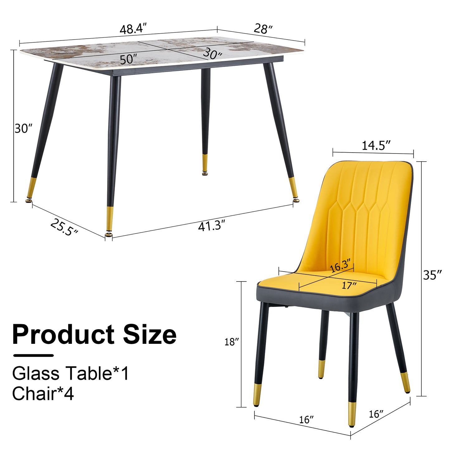 Melysen Patterned Sintered Stone Tabletop with Black Metal Legs. Orange-Yellow and Gray Dual Color Pu Backrest Cushion and Black Metal Leg Chair.1 Table+4 Chair