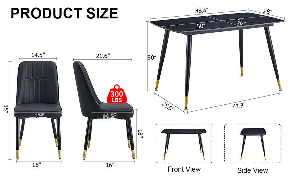 Melysen Black Sintered Stone Tabletop with Black Metal Legs.Black Pu Leather Backrest and Black Metal Leg Chair. 1 Table+4 Chairs