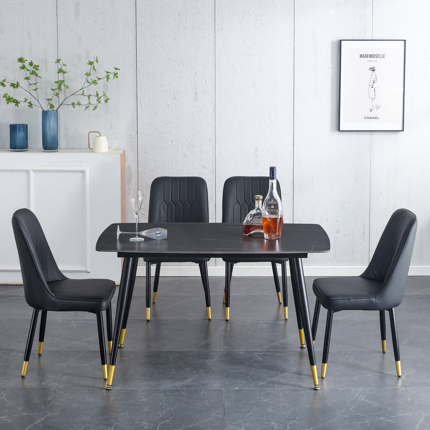 Melysen Black Sintered Stone Tabletop with Black Metal Legs.Black Pu Leather Backrest and Black Metal Leg Chair. 1 Table+4 Chairs